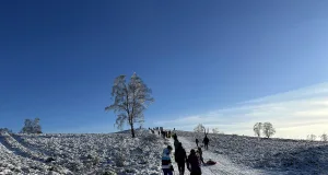 Die verschneite Heidelandschaft am Brunsberg lockt viele Rodler an - doch die Naturschutzbehörde mahnt zur Rücksicht. Foto: Landkreis Harburg