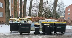 Gelbe Tonnen warten auf die Leerung in Buchholz. Foto: JOTO/Symbolbild